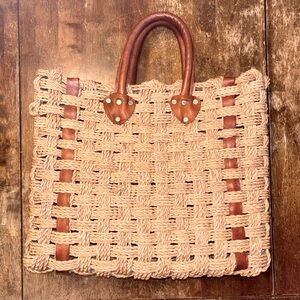 VINTAGE Woven Market BASKET Tote Leather HANDLES